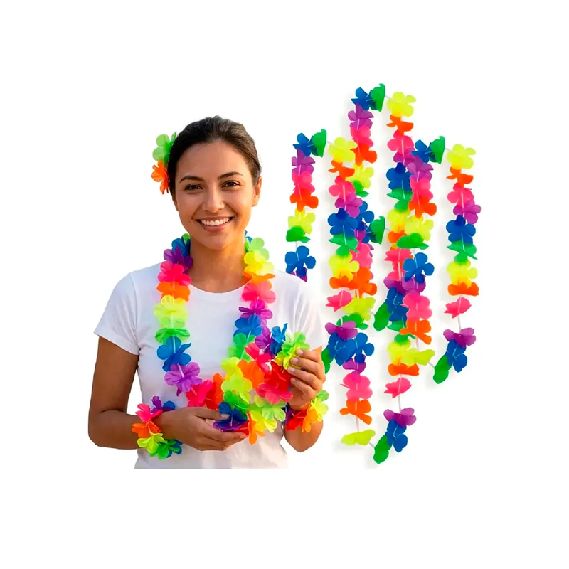 SET 12 COLLAR HAWAIANO FLORES MULTICOLOR COTILLON FIESTA - 1