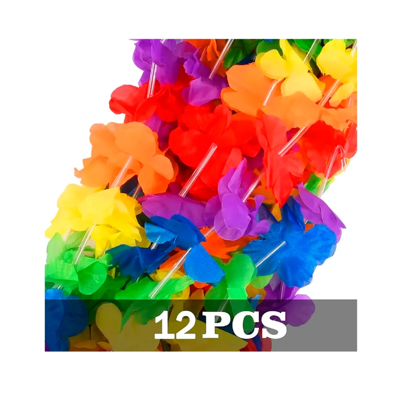 SET 12 COLLAR HAWAIANO FLORES MULTICOLOR COTILLON FIESTA - 2