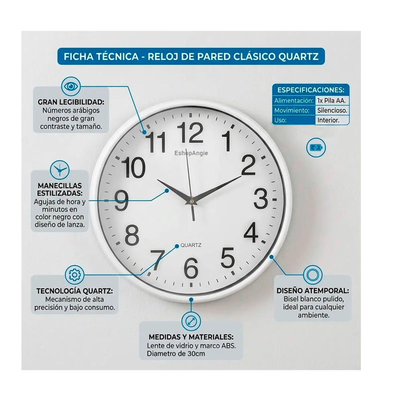 RELOJ DE PARED SILENCIOSO GRANDES NUMEROS 30CM SALA COCINA - 3