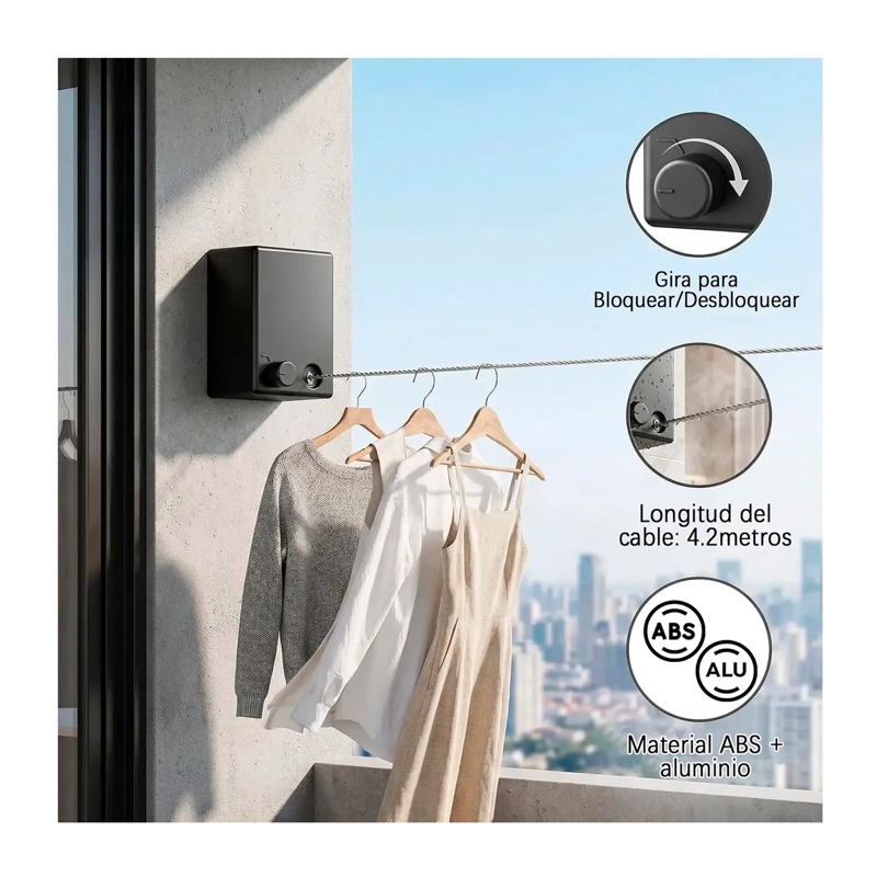 TENDEDERO RETRACTIL DE PARED COLGADOR PARA ROPA 4.2M - 6