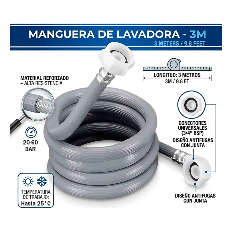 MANGUERA DE ENTRADA DE AGUA PARA LAVADORA 3MTS UNIVERSAL 3/4 - 3