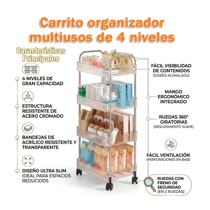 CARRITO ORGANIZADOR 4 NIVELES CON RUEDAS MULTIUSO ACRILICO - 2