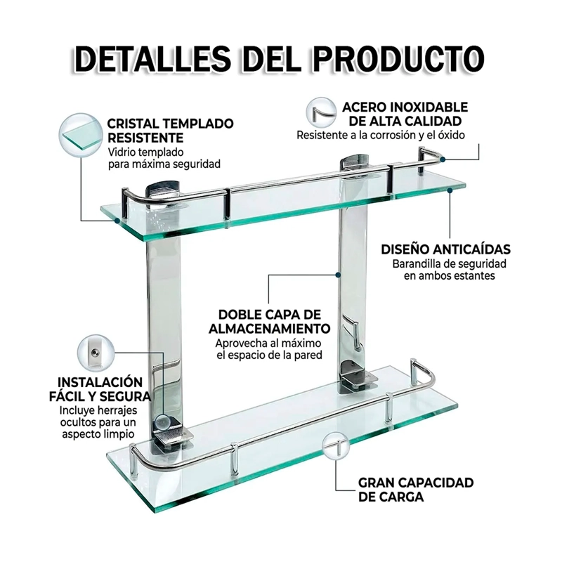 ORGANIZADOR REPISA DE BAÑO 2 NIVELES ESTANTE DE VIDRIO DUCHA - 2