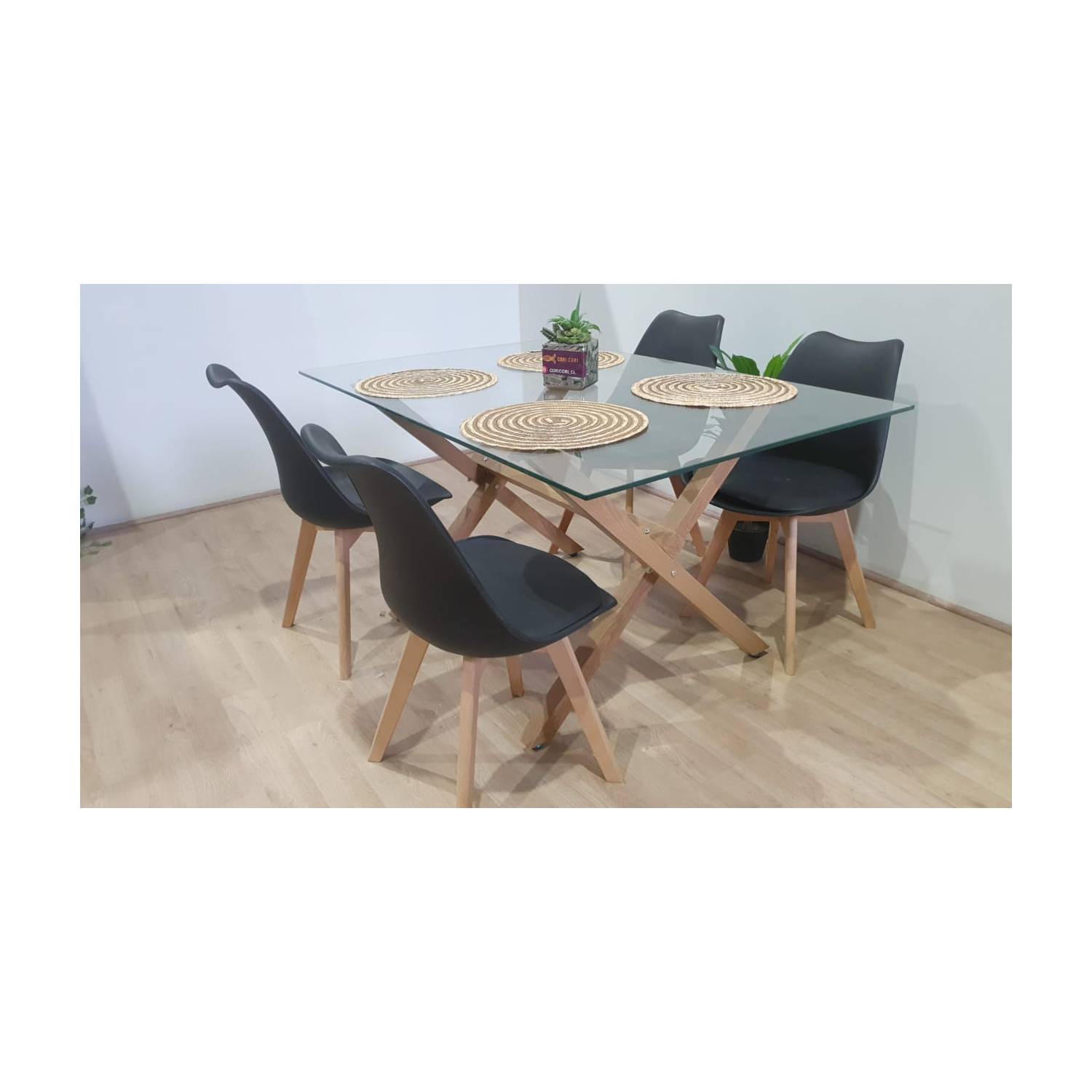 COMEDOR MEDLOCK VIDRIO 140X90 + 4 SILLAS TULIP COLOR NEGRO - 1