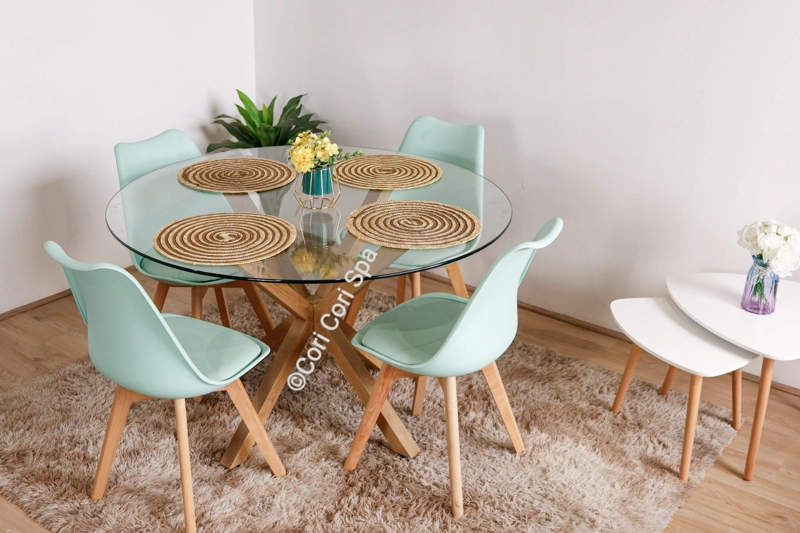 COMEDOR MESA WARWICK VIDRIO 120CM + 4 SILLAS TULIP MENTA - 1