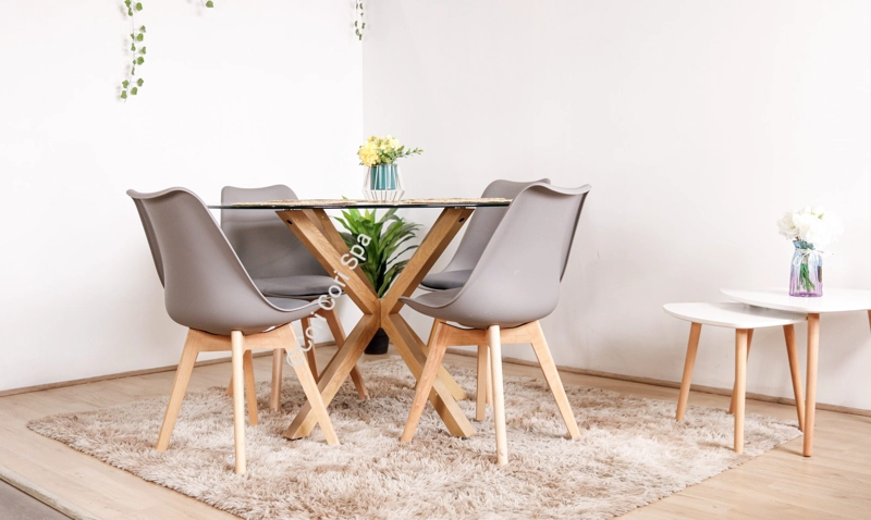 COMEDOR MESA WARWICK VIDRIO 120CM + 4 SILLAS TULIP  GRIS - 1