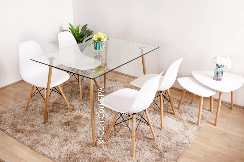COMEDOR VIDRIO 120X80 + 4 SILLAS EAMES REPLICA EN COLOR BLANCOS - 1