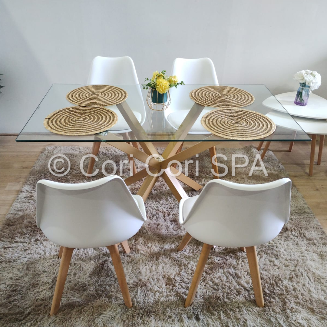 COMEDOR MADRID VIDRIO 140X80 + 4 SILLAS TULIP BLANCAS - 1