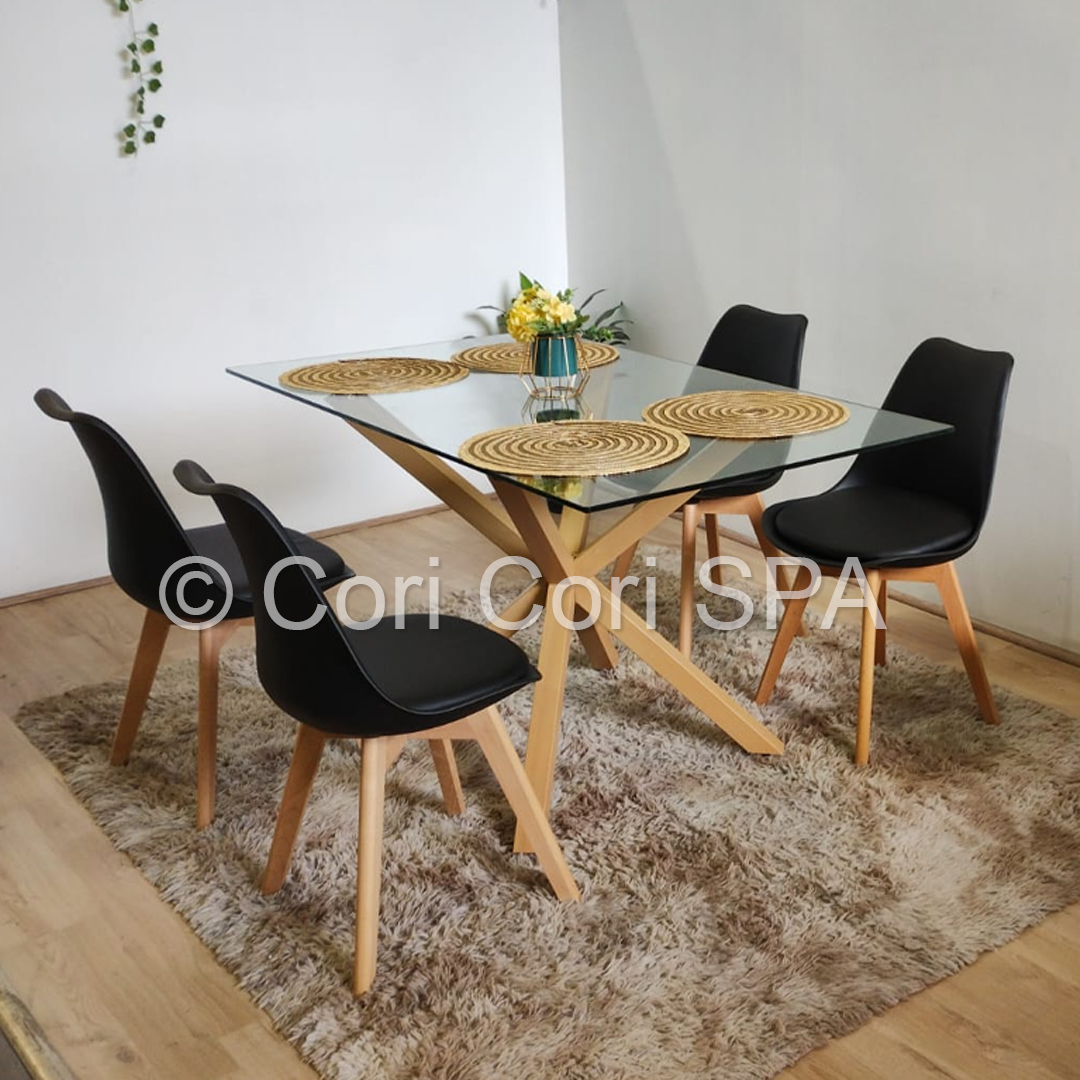 COMEDOR MADRID VIDRIO 140X80 + 4 SILLAS TULIP COLOR NEGRO - 1
