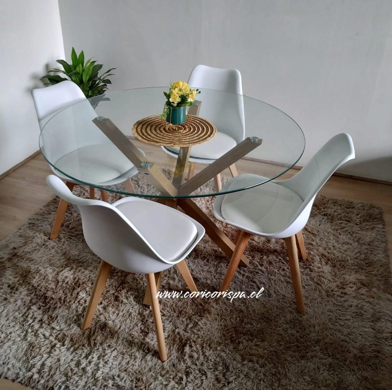 COMEDOR MESA WARWICK VIDRIO 100CM + 4 SILLAS TULIP BLANCO - 1