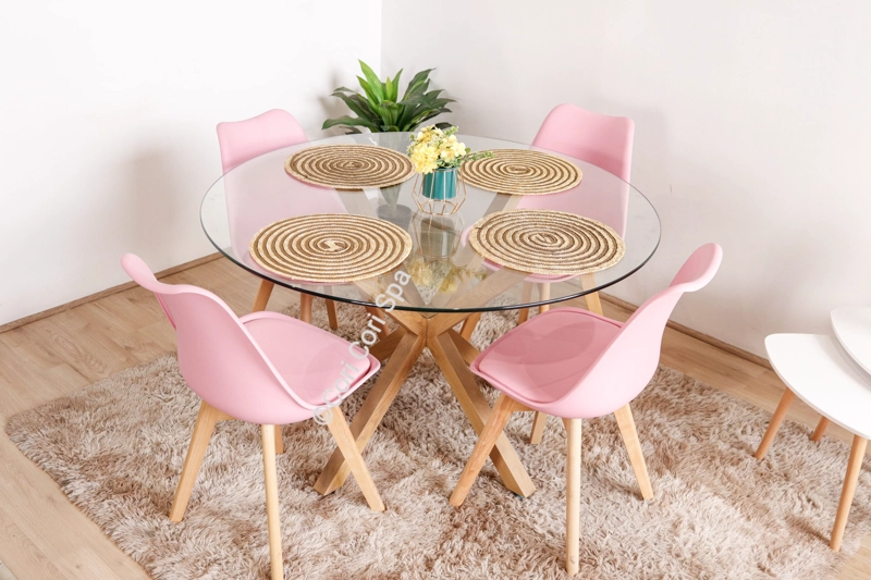 COMEDOR MESA WARWICK VIDRIO 100CM + 4 SILLAS TULIP ROSA - 1