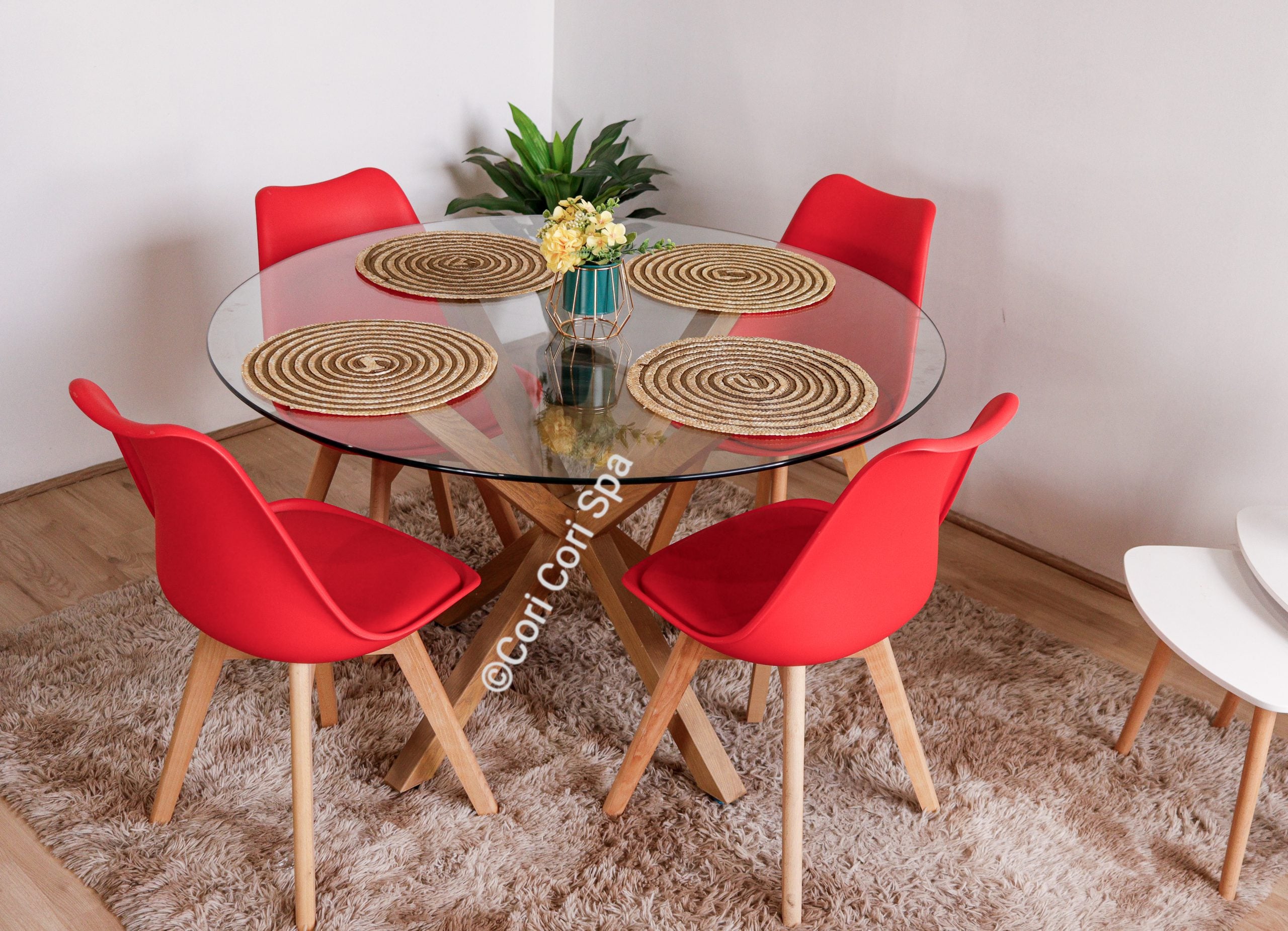 COMEDOR MESA VIDRIO EAMES D80 + 4 SILLAS TULIP COLOR ROJAS - 1