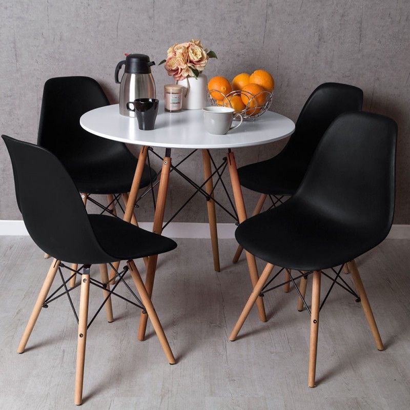 COMEDOR MESA EAMES 80CMS BLANCA + 4 SILLAS EAMES REPLICA COLOR NEGRO - 1