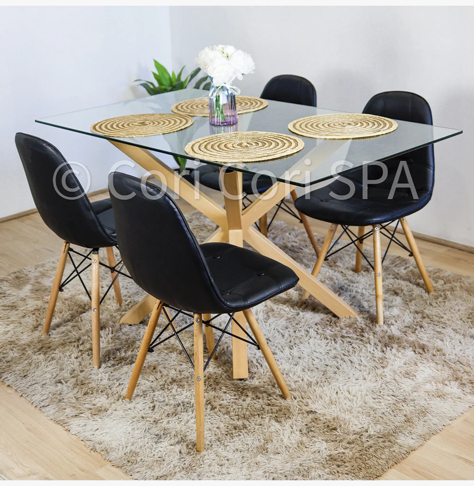 COMEDOR MADRID VIDRIO 140X80 + 4 CAPITONNE-EAMES ECOCUERO NEGRO - 1