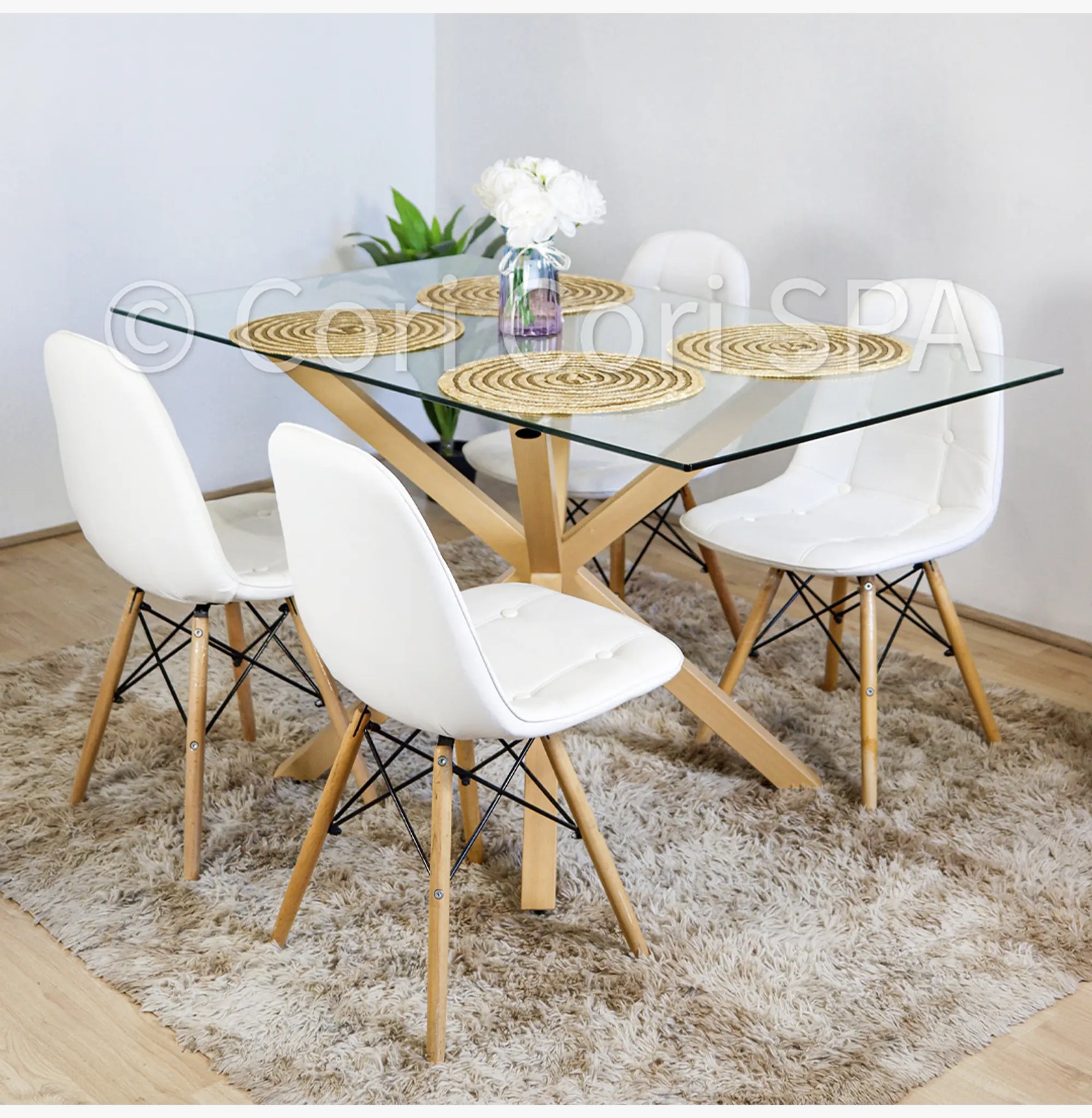 COMEDOR MADRID VIDRIO 140X80 + 4 CAPITONNE-EAMES ECOCUERO BLANCO - 1