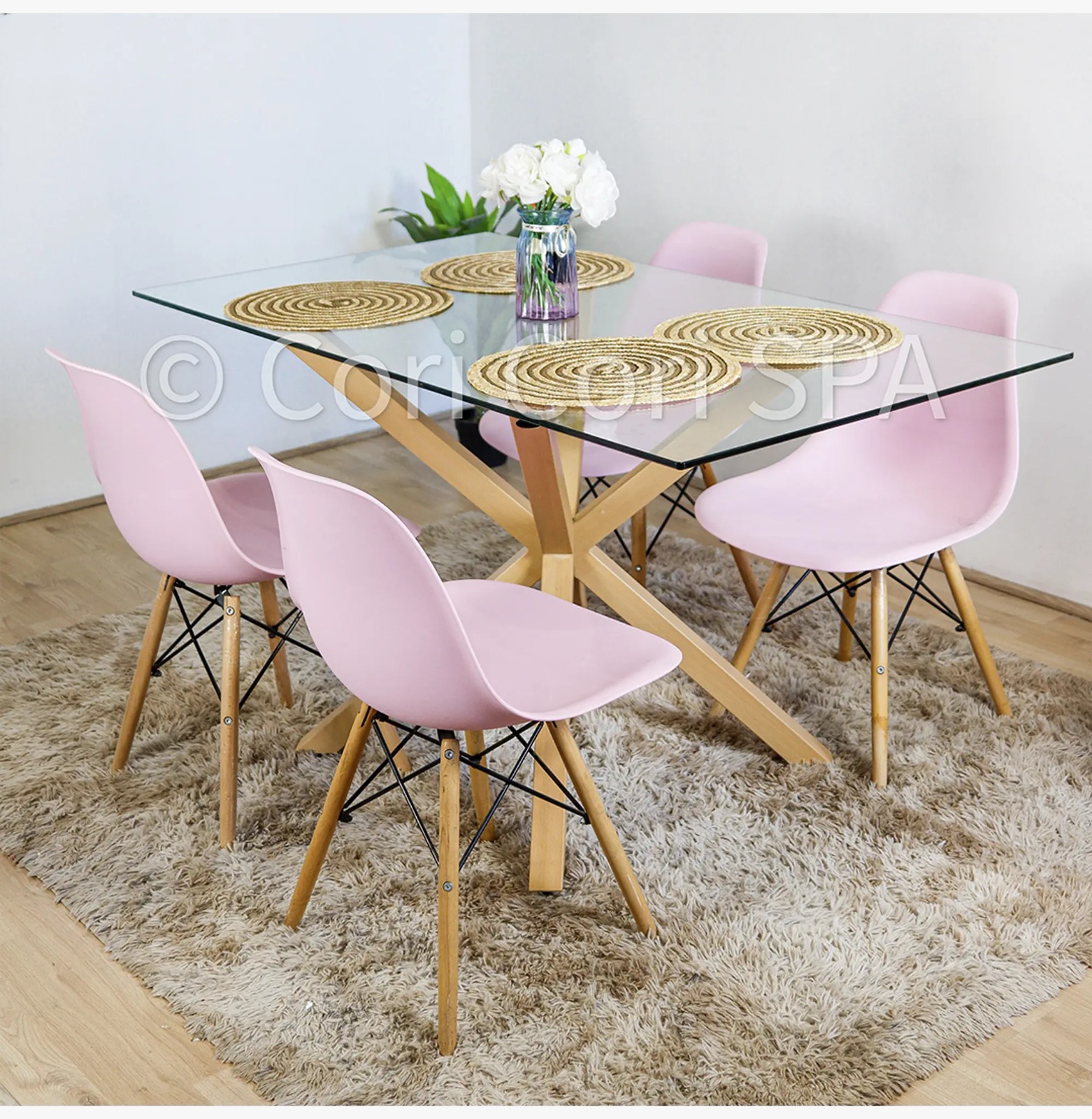 COMEDOR MADRID VIDRIO 140X80 + 4 SILLAS EAMES ROSA REPLICA - 1