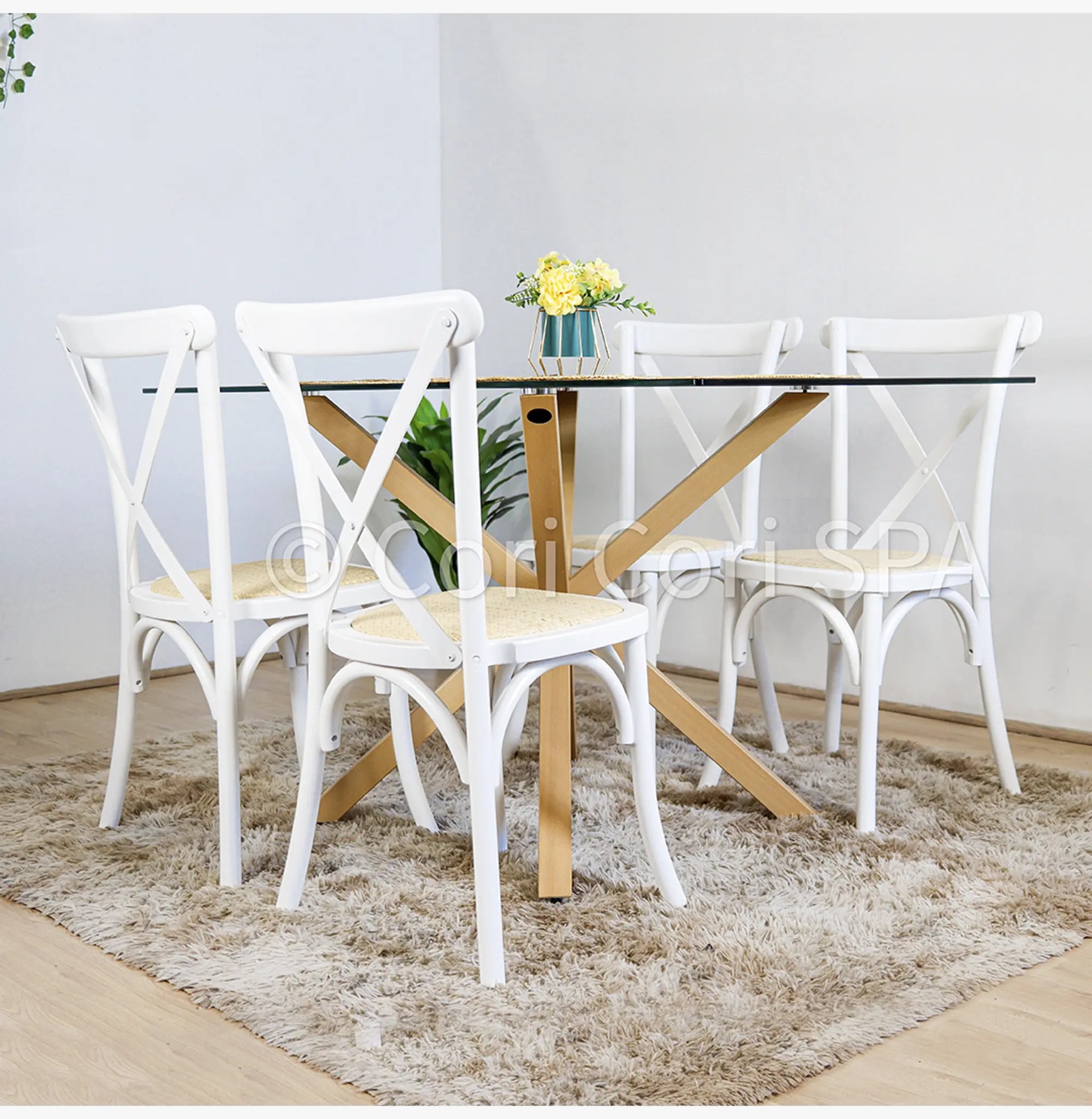 COMEDOR MADRID VIDRIO 140X80 Y 4 CROSSBACK MADERA BLANCO - 1
