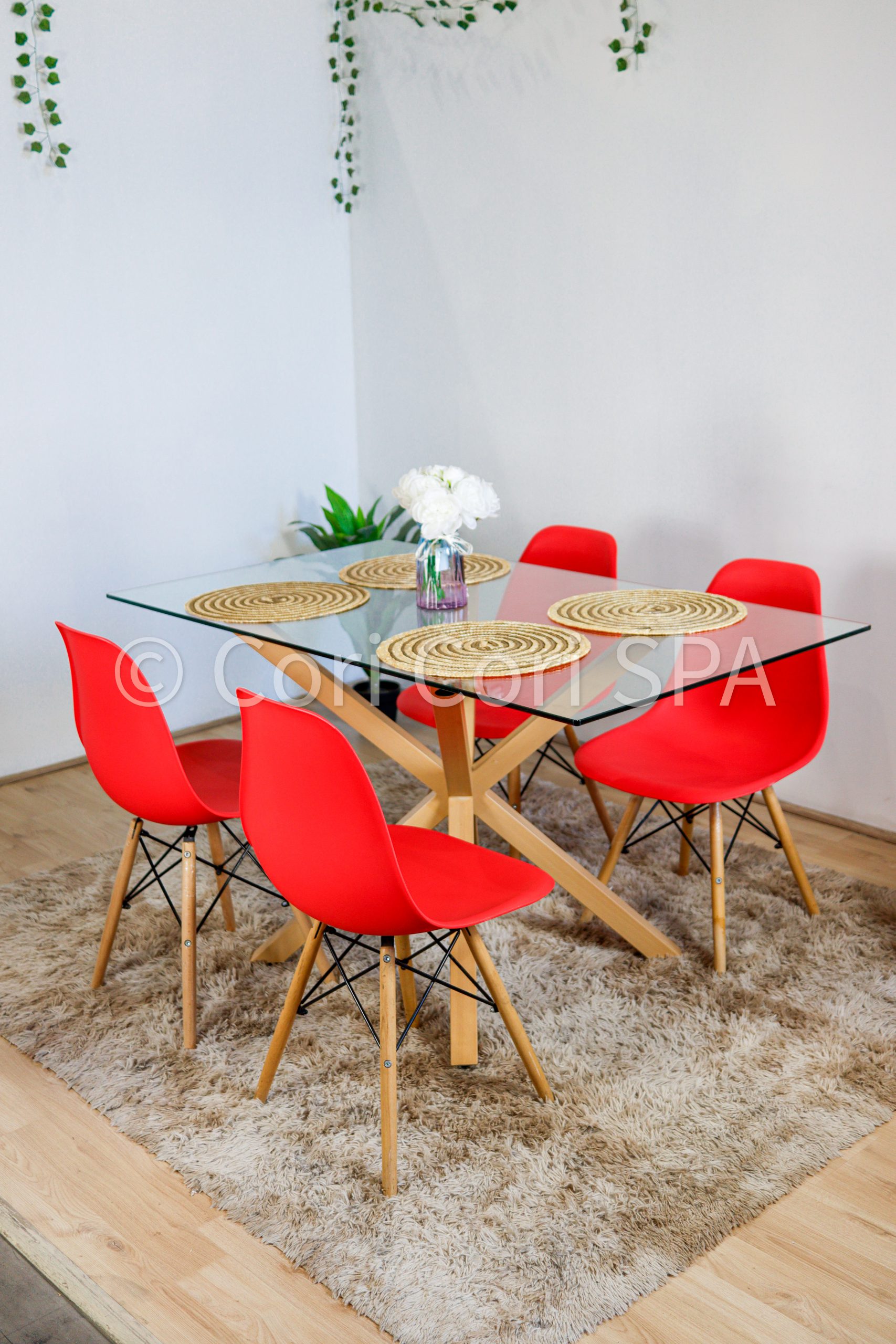 COMEDOR MADRID VIDRIO 140X80 + 4 SILLAS EAMES ROJO REPLICA - 1