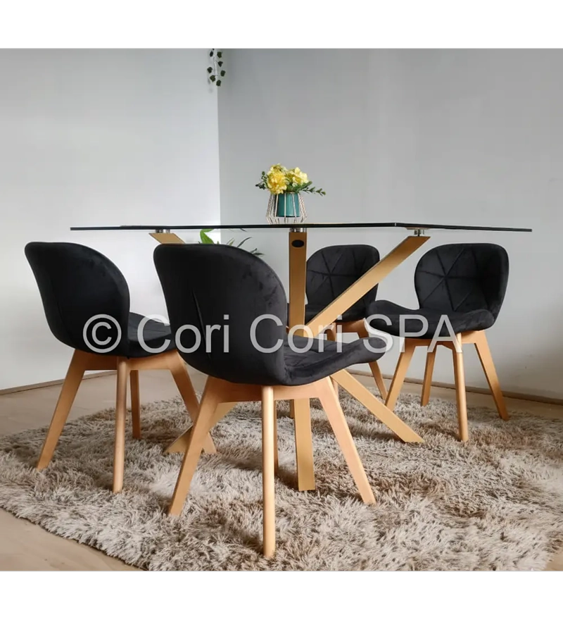 COMEDOR MADRID VIDRIO 140X80 + 4 SILLAS MARIPOSA VELVET NEGRO - 1