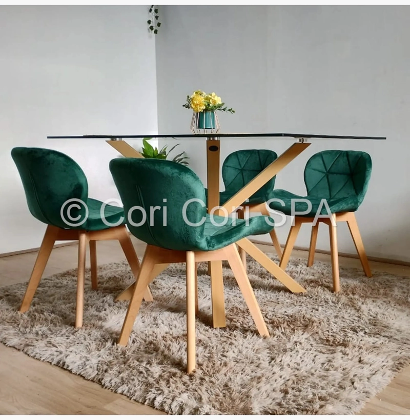 COMEDOR MADRID VIDRIO 140X80 + 4 SILLAS MARIPOSA VELVET VERDE - 1