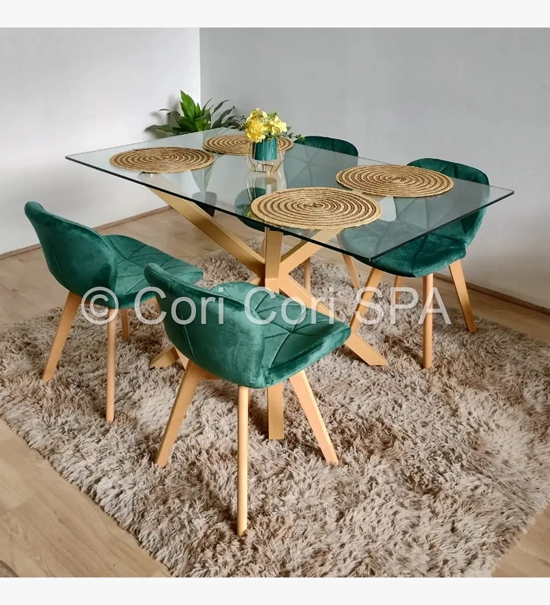 COMEDOR MADRID VIDRIO 140X80 + 4 SILLAS MARIPOSA VELVET VERDE - 5