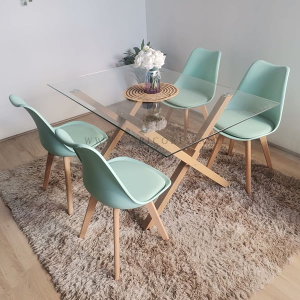 COMEDOR MESA MEDLOCK DE VIDRIO 140X90CM + 4 SILLAS TULIP MENTA - 1