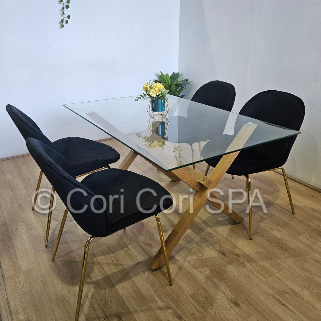 COMEDOR MESA MEDLOCK DE VIDRIO 140X90CM + 4 SILLAS BEETLE COLOR NEGRO - 1