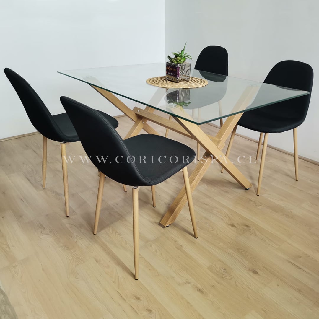 COMEDOR MESA MEDLOCK DE VIDRIO 140X90CM + 4 SILLAS SCOOP LINO NEGRO - 1