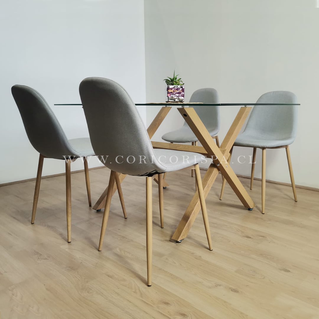 COMEDOR MESA MEDLOCK DE VIDRIO 140X90CM + 4 SILLAS SCOOP LINO GRIS - 1