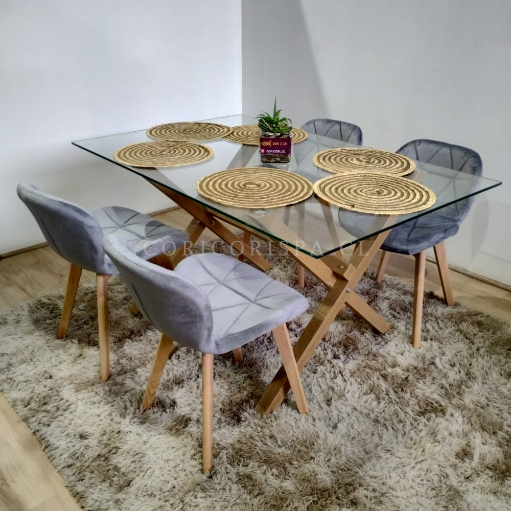 COMEDOR MESA MEDLOCK DE VIDRIO 140X90CM + 4 SILAS MARIPOSA VELVET GRIS - 1