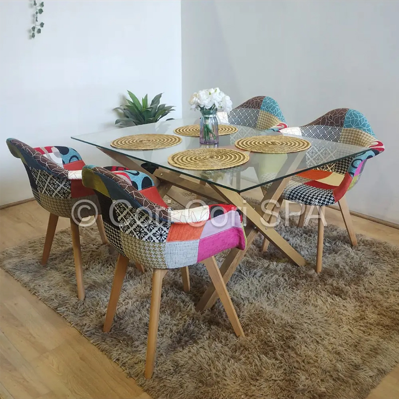 COMEDOR MESA MEDLOCK DE VIDRIO 140X90CM + 4 BUTACAS PATCHWORK - 1