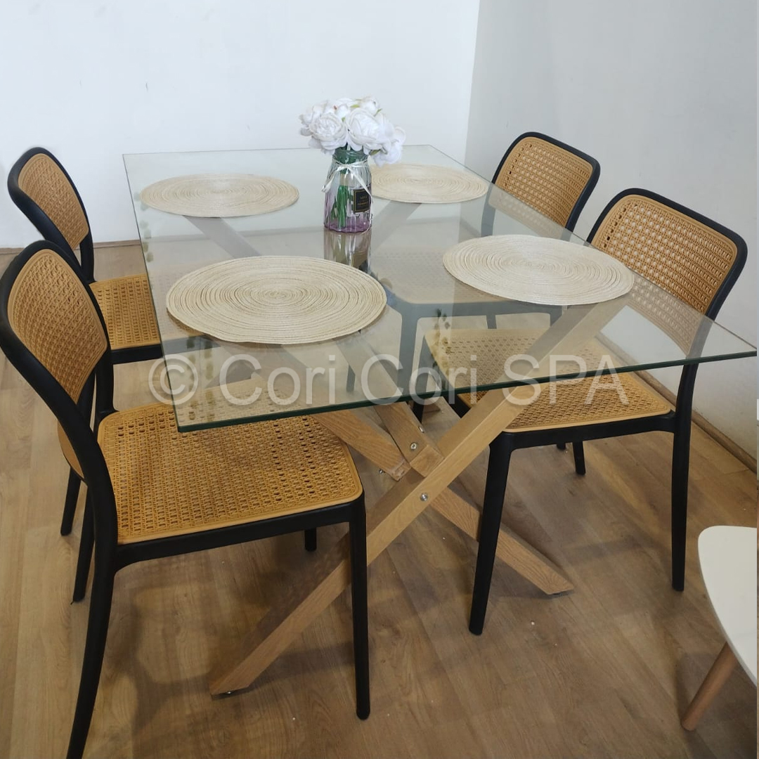 COMEDOR MESA MEDLOCK DE VIDRIO 140X90CM + 4 SILLAS DELTA NEGRO - 1