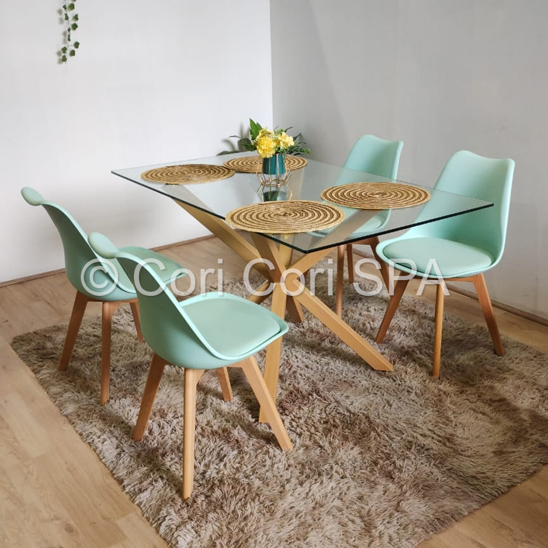 COMEDOR MADRID VIDRIO 160X90 + 4 SILLAS TULIP COLOR MENTA - 1