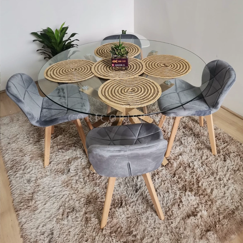 COMEDOR MESA WARWICK VIDRIO 120CM + 4 SILLAS MARIPOSA VELVET GRIS - 1