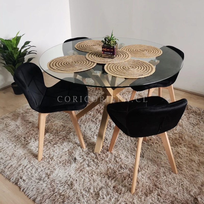 COMEDOR MESA WARWICK VIDRIO 120CM + 4 SILLAS MARIPOSA VELVET NEGRO - 1