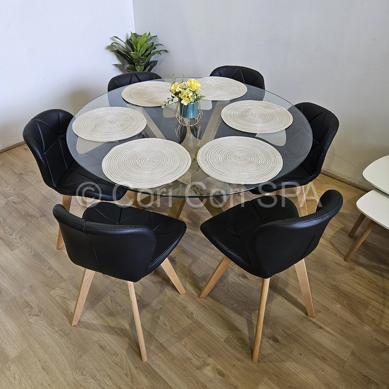 COMEDOR MESA WARWICK VIDRIO 120CM + 6 SILLAS MARIPOSA ECOCUERO WOOD NEGRO - 1