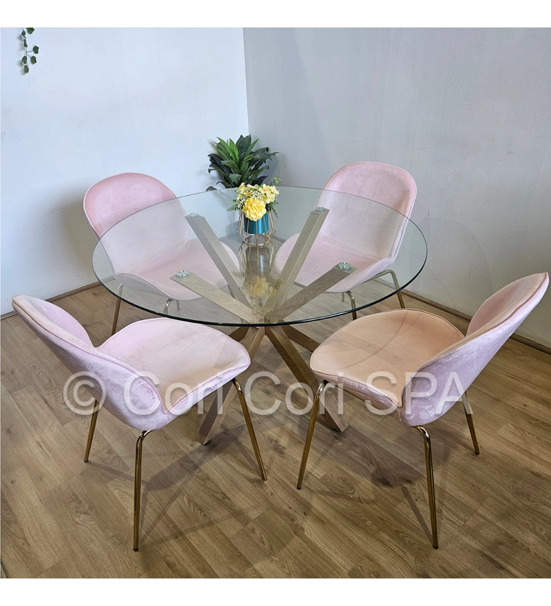 COMEDOR MESA WARWICK VIDRIO 120CM + 4 SILLAS BEETLE ROSA - 1