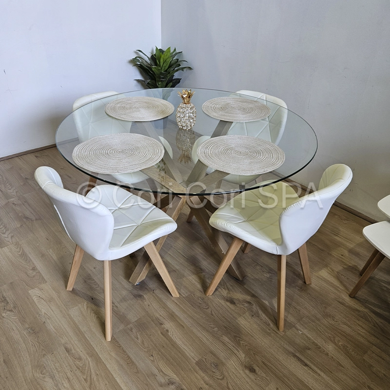 COMEDOR MESA WARWICK VIDRIO 120CM + 4 SILLAS MARIPOSA ECOCUERO WOOD BLANCO - 1