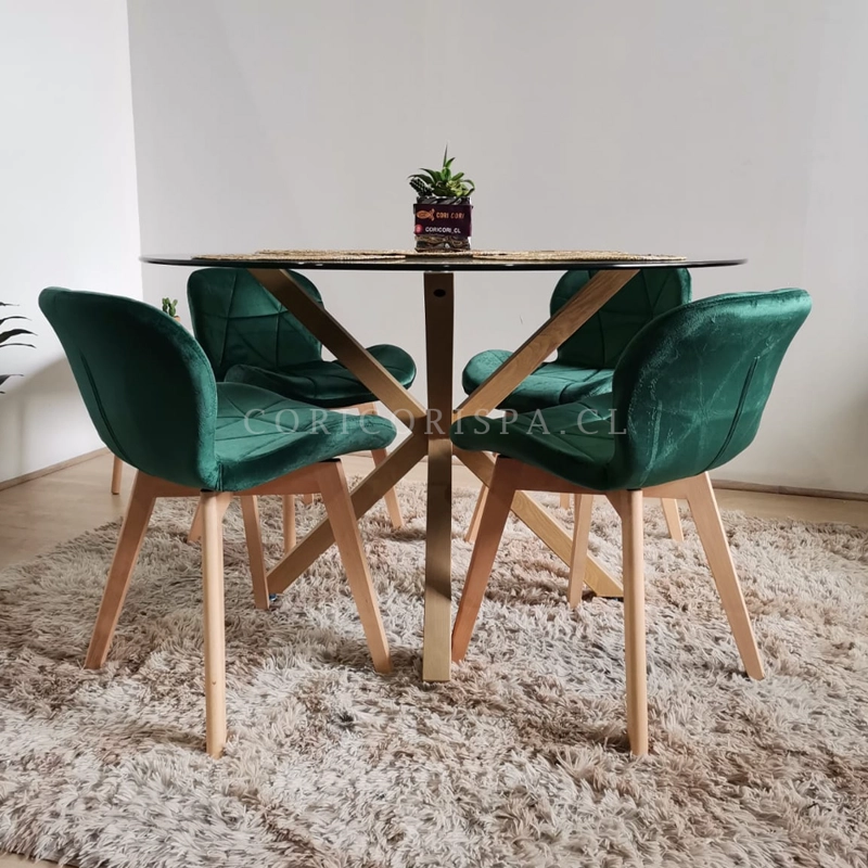 COMEDOR MESA WARWICK VIDRIO 100CM + 4 SILLAS MARIPOSA VELVET VERDE - 1