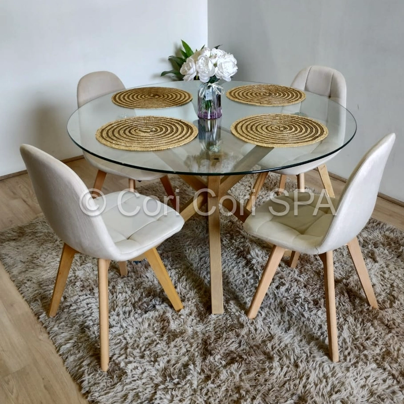 COMEDOR MESA WARWICK VIDRIO 100CM + 4 SILLAS CAPITONNE VELVET BEIGE - 1