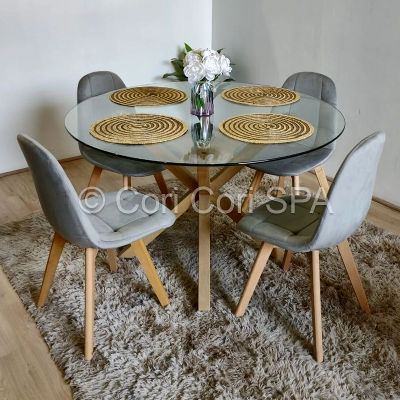 COMEDOR MESA WARWICK VIDRIO 100CM + 4 SILLAS CAPITONNE VELVET GRIS - 1