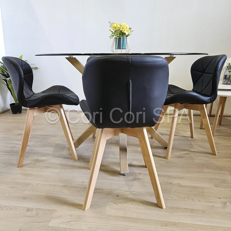 COMEDOR MESA WARWICK VIDRIO 100CM + 4 SILLAS MARIPOSA ECOCUERO WOOD NEGRO - 1