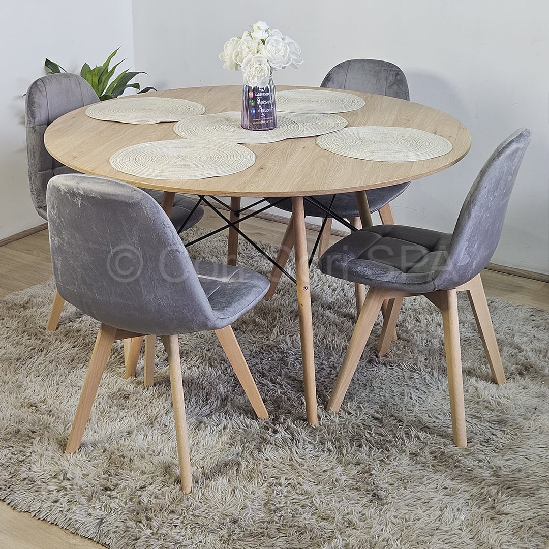 COMEDOR MESA WOOD 100CM + 4 SILLAS CAPITONNE VELVET GRIS - 1