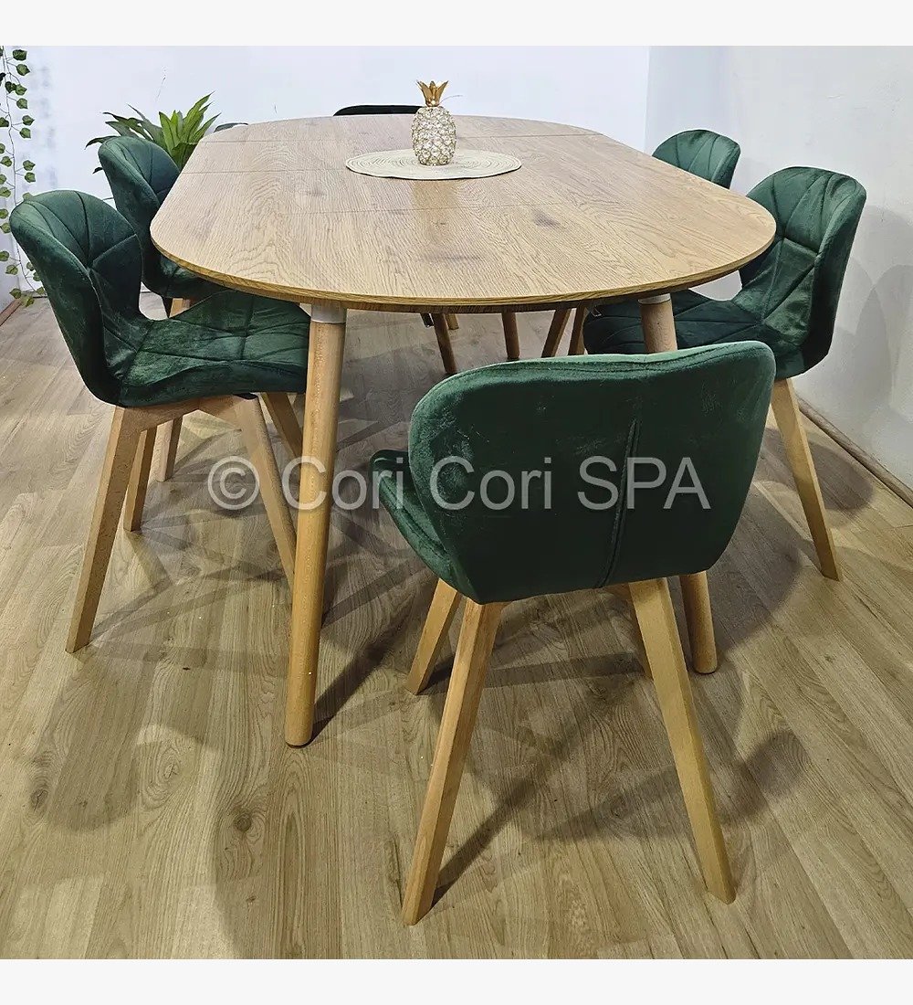 COMEDOR MESA EXPANDIBLE 100-180CM+ 6 SILLAS MARIPOSAS VELVET VERDE - 1
