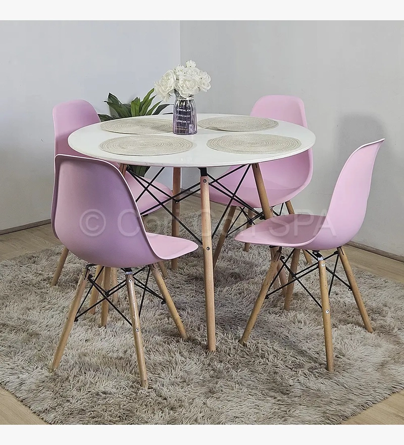 COMEDOR MESA EAMES EN COLOR BLANCO 100CMS + 4 SILLAS EAMES ROSA - 1