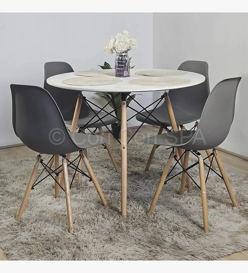 JUEGO DE  COMEDOR MESA EAMES EN COLOR BLANCO 100CMS + 4 SILLAS EAMES GRIS - 1