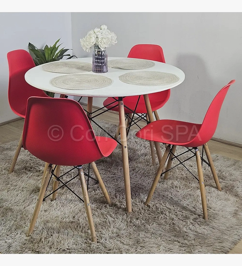 COMEDOR MESA EAMES EN COLOR BLANCO 100CMS + 4 SILLAS EAMES EN COLOR ROJO - 1