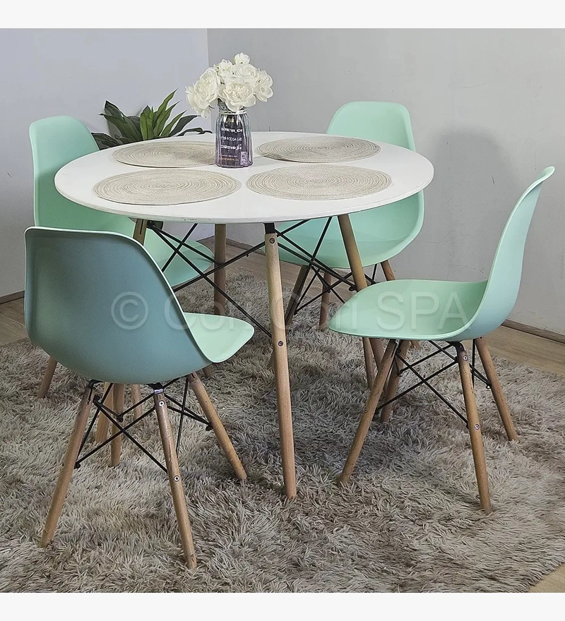 COMEDOR  MESA EAMES EN COLOR BLANCO 100CMS + 4 SILLAS EAMES MENTA - 1