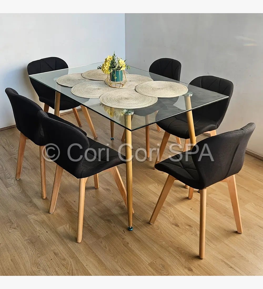 COMEDOR RUBI 120X80CM + 6 SILLAS MARIPOSA LINO NEGRO - 1