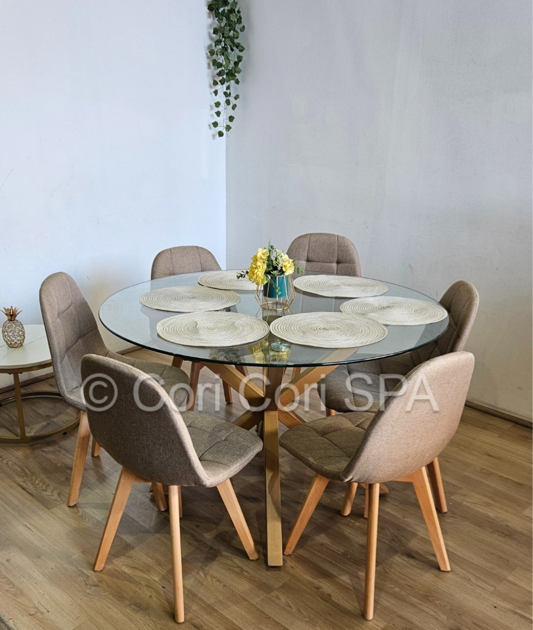 COMEDOR WARWICK 120CMS + 6 SILLAS CAPITONNE LINO BEIGE - 1